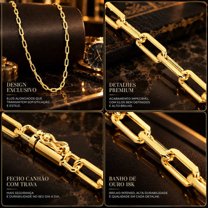 Infográfico da corrente masculina Cartier 4.5mm destacando o design dos elos alongados, o fecho canhão com trava de segurança e o banho de ouro 18k.