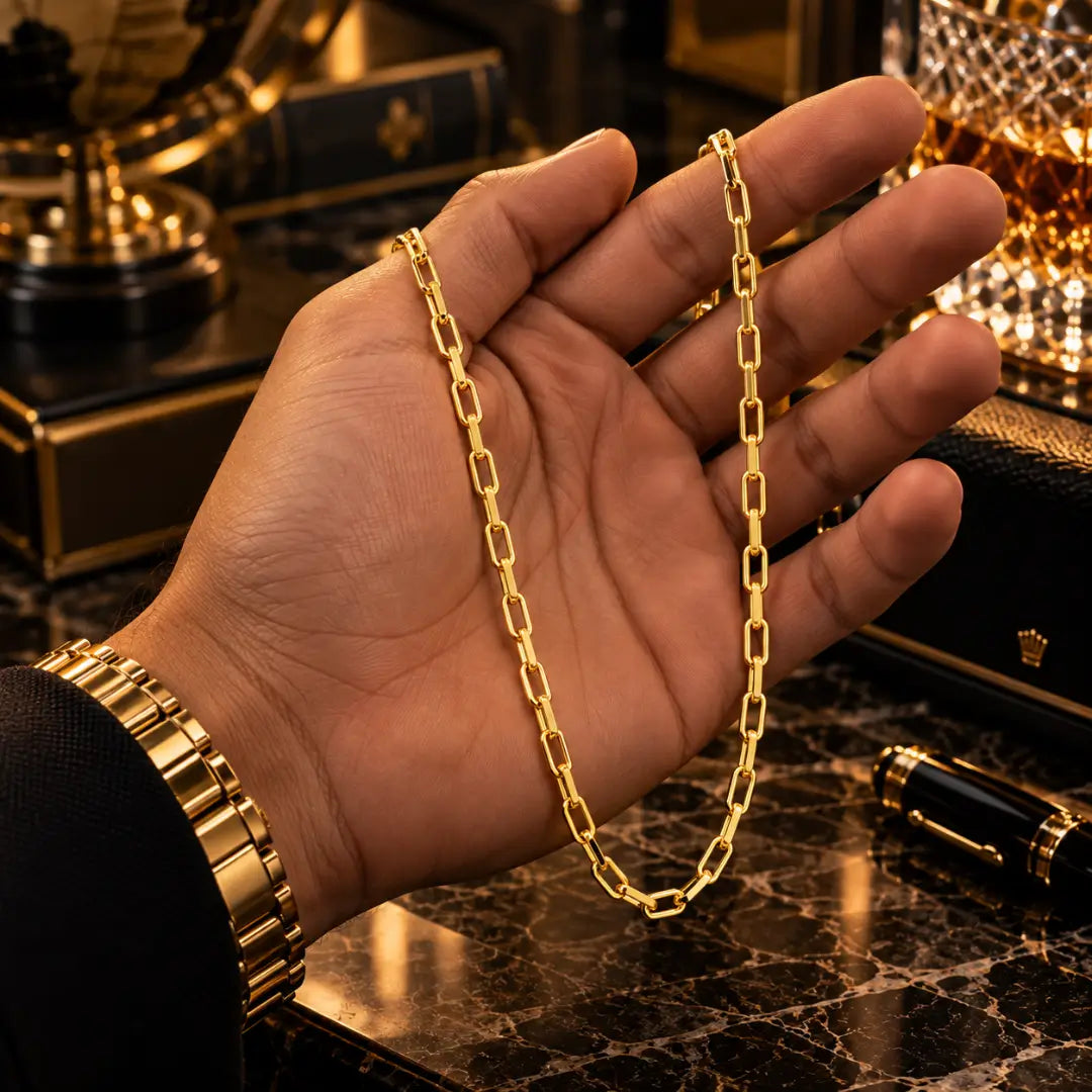 Mão masculina segurando a corrente Cartier de 4.5mm banhada a ouro 18k para demonstração de caimento, tamanho e espessura dos elos.