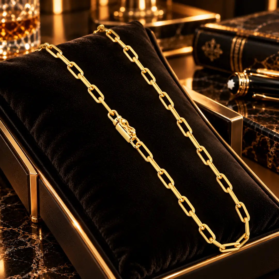 Corrente masculina de elos Cartier 4.5mm banhada a ouro 18k com fecho canhão apoiada sobre almofada de veludo preto em caixa de joias.