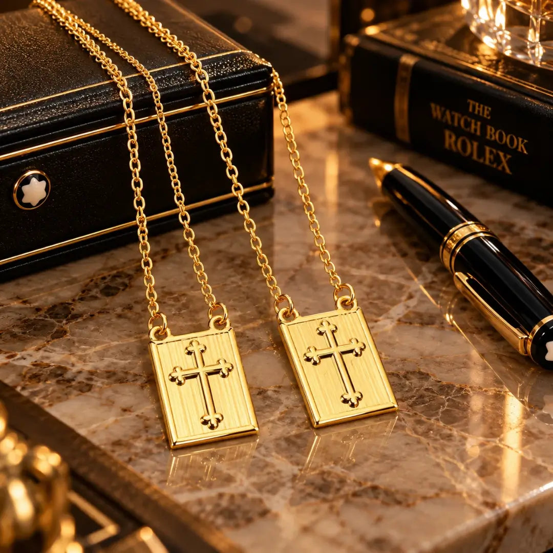 Detalhes da cruz estampada no escapulário banhado a ouro 18K