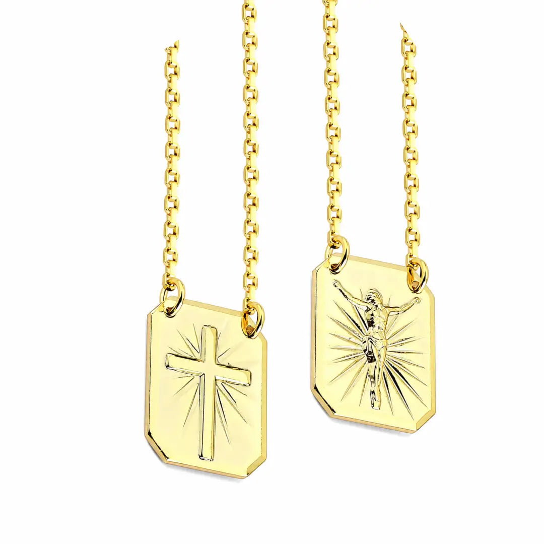 Escapulário Corrente Masculino com Placa Cruz e Jesus Cristo Crucifixo Banhado a Ouro 18k