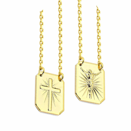 Escapulário Corrente Masculino com Placa Cruz e Jesus Cristo Crucifixo Banhado a Ouro 18k