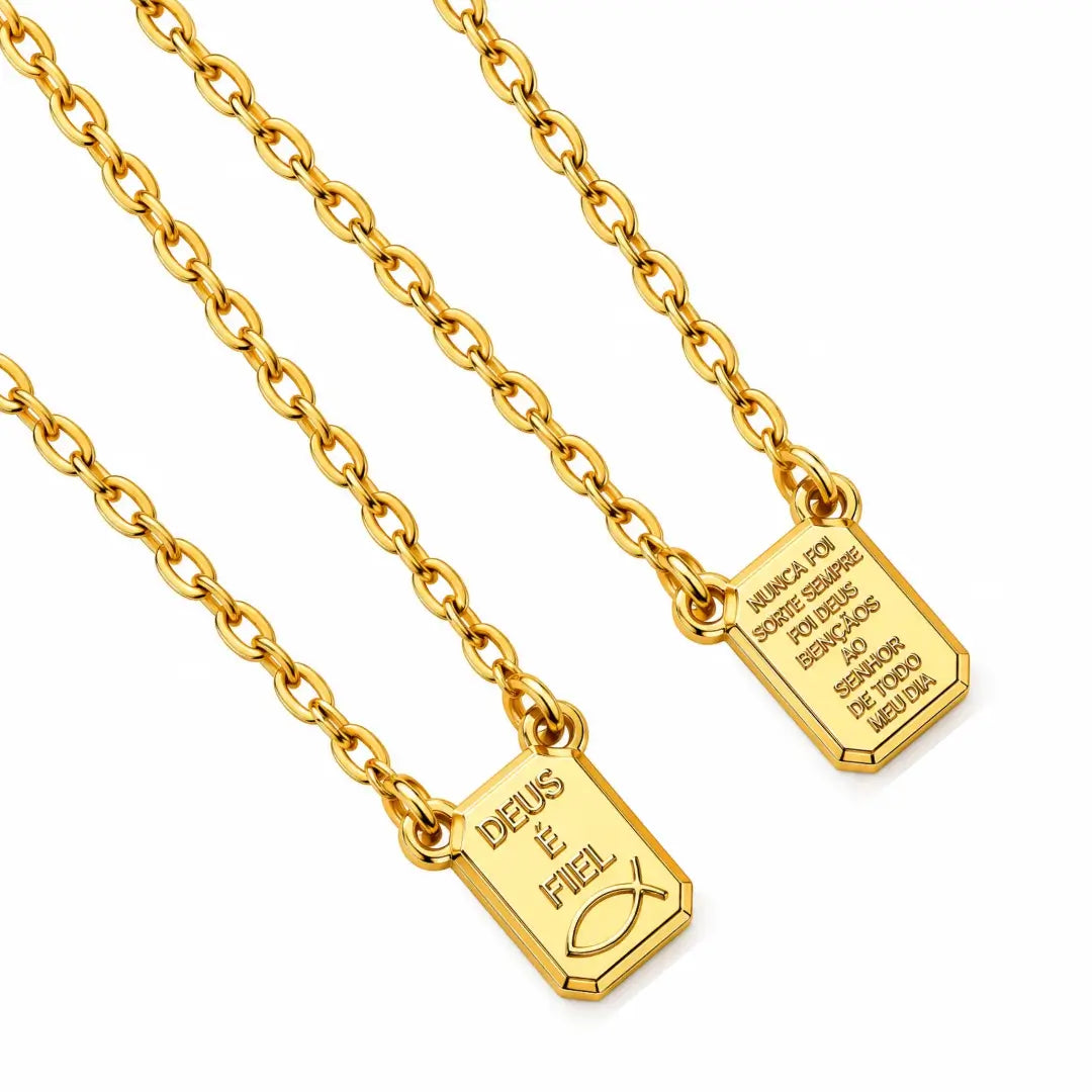 Escapulário Deus é Fiel e Pai Nosso banhado a ouro 18K