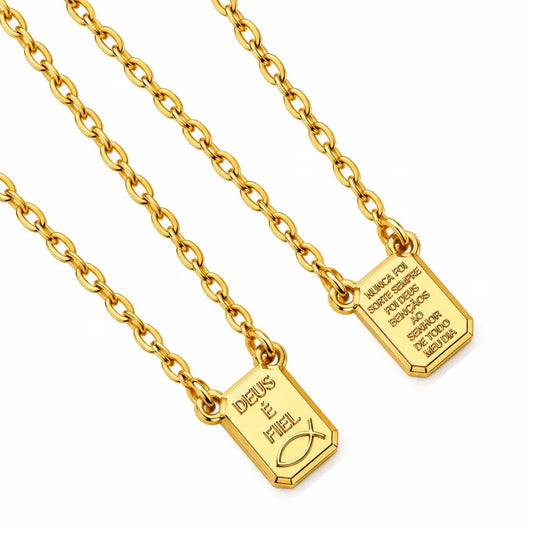 Escapulário Deus é Fiel e Pai Nosso banhado a ouro 18K