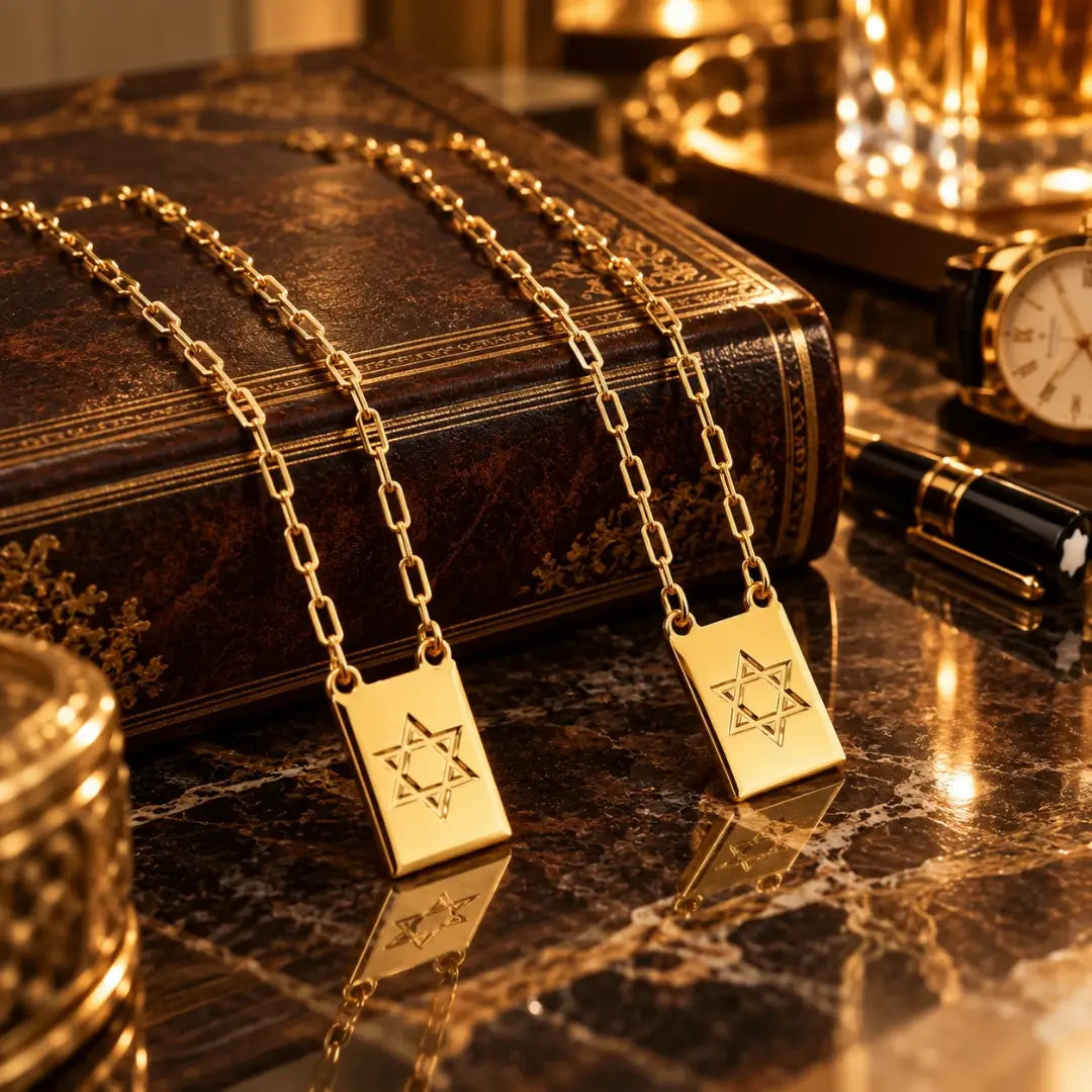 Detalhes das medalhas Estrela de Davi banhadas a ouro 18K