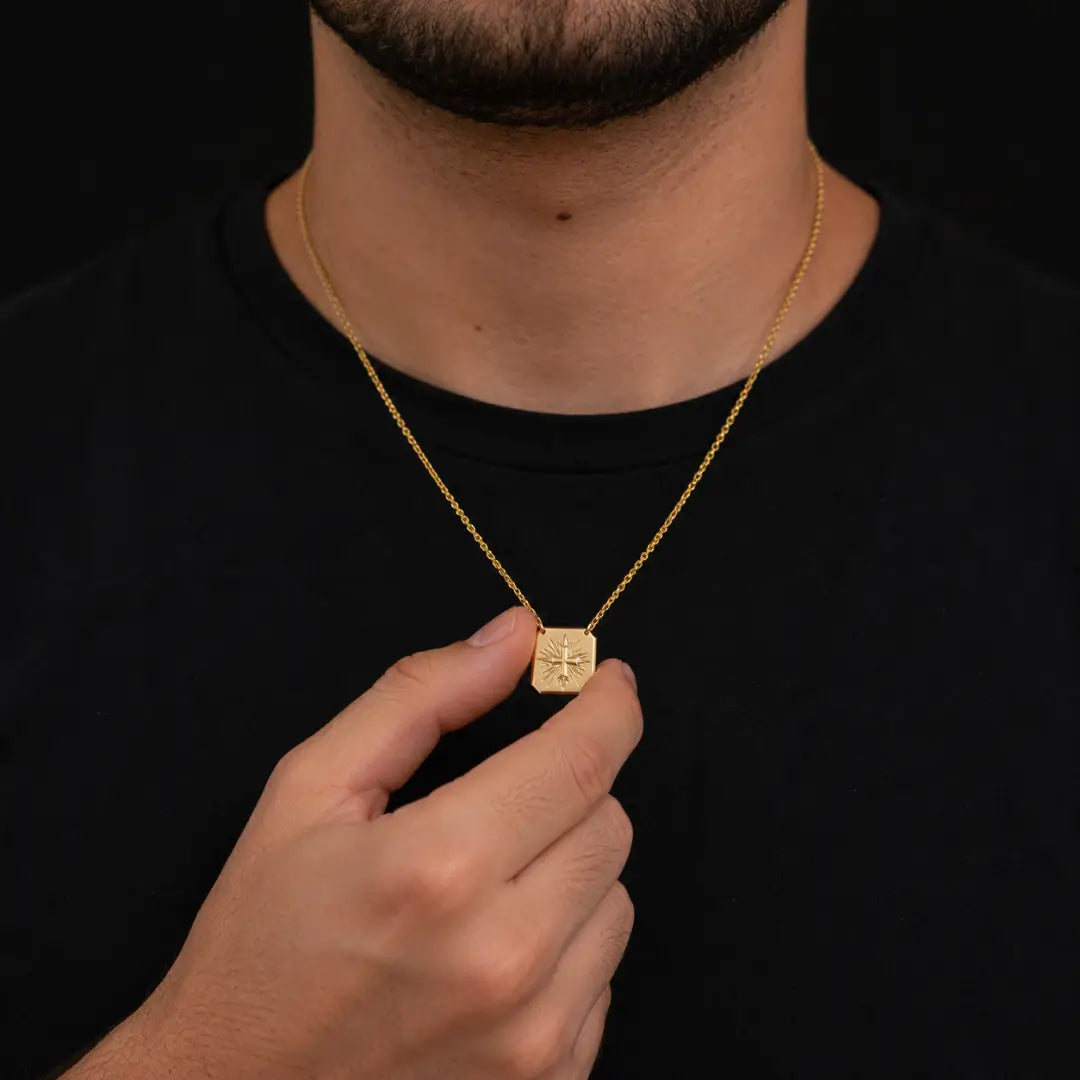 Corrente Escapulário Veneziana Pingente Cruz Banhado a ouro18k Plaquinha Espirito santo e Crucifixo Folheado
