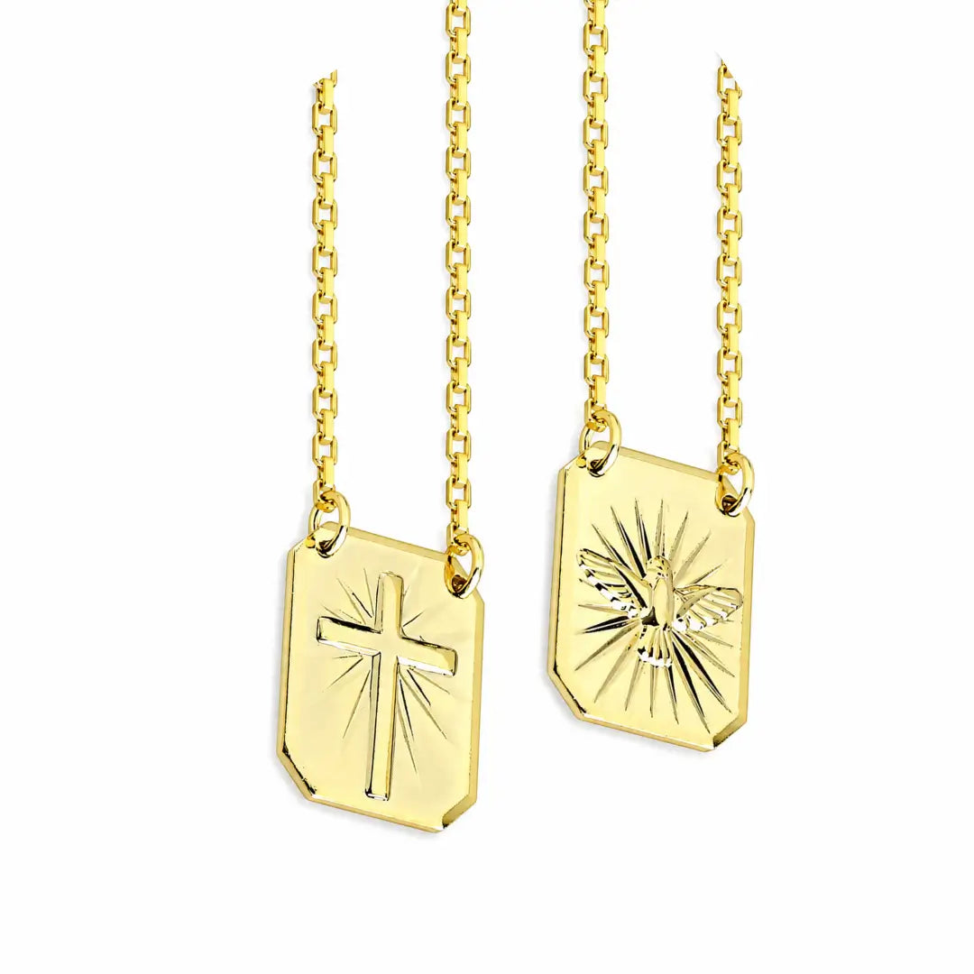 Corrente Escapulário Veneziana Pingente Cruz Banhado a ouro18k Plaquinha Espirito santo e Crucifixo Folheado