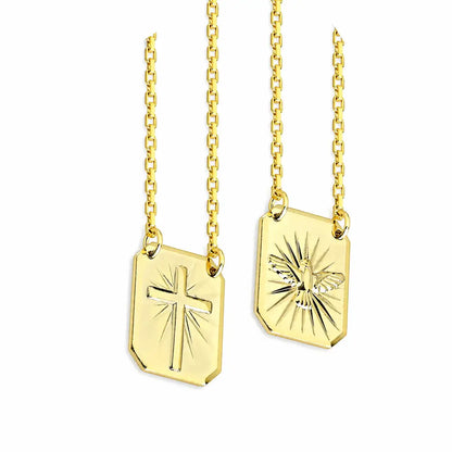 Corrente Escapulário Veneziana Pingente Cruz Banhado a ouro18k Plaquinha Espirito santo e Crucifixo Folheado
