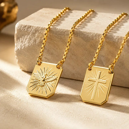 Corrente Escapulário Veneziana Pingente Cruz Banhado a ouro18k Plaquinha Espirito santo e Crucifixo Folheado