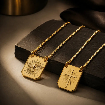 Corrente Escapulário Veneziana Pingente Cruz Banhado a ouro18k Plaquinha Espirito santo e Crucifixo Folheado