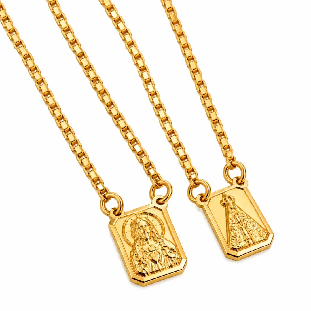 Escapulário Nossa Senhora Aparecida e Jesus banhado a ouro 18K