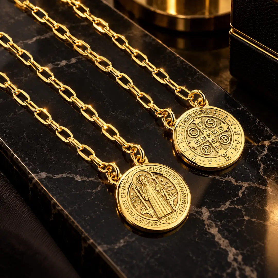 Detalhes das medalhas de São Bento banhadas a ouro 18K