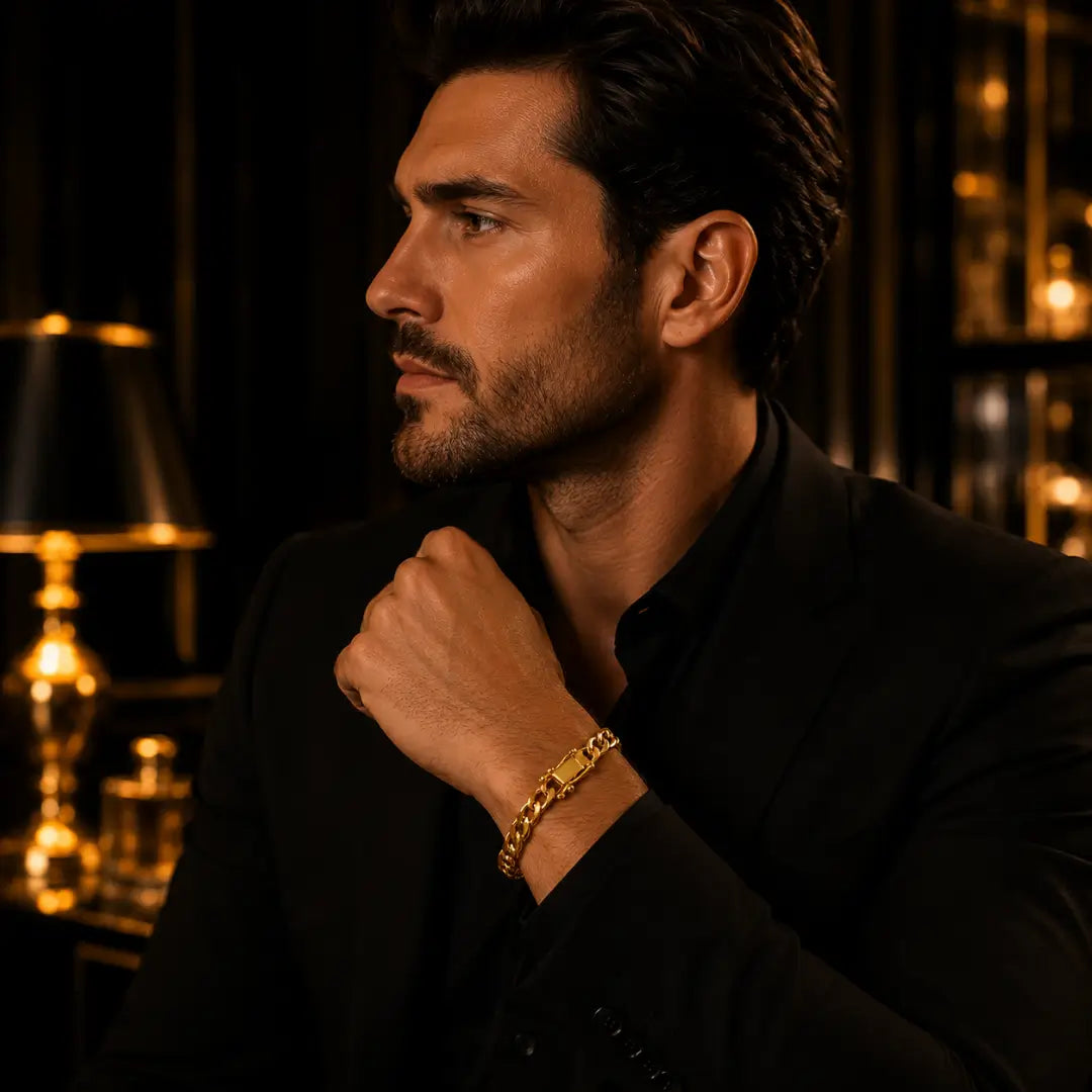 Pulseira Masculina Fecho Gaveta Trava Dupla Semijoia Ouro 18k - Vista