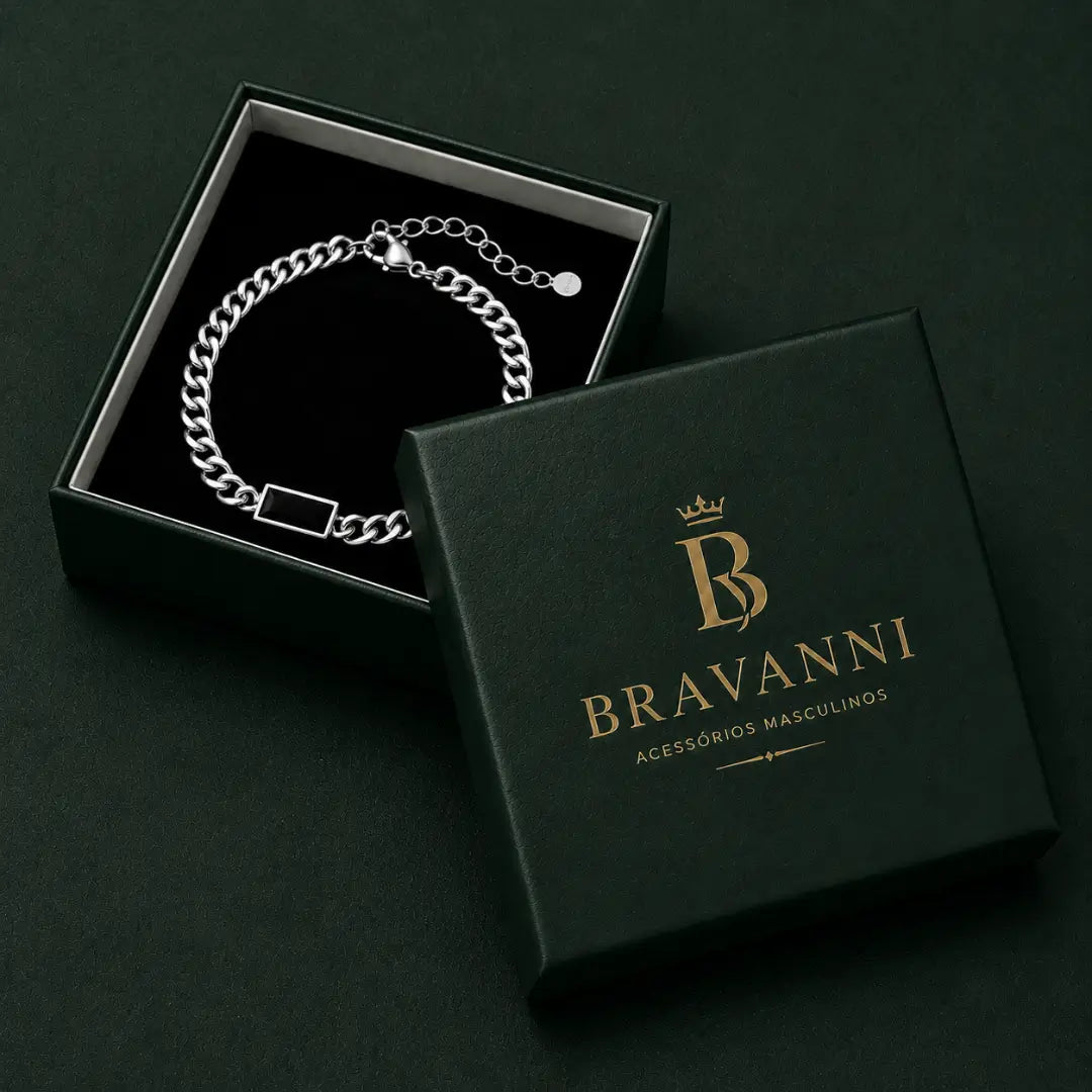Pulseira masculina com pedra negra Bravanni para presente