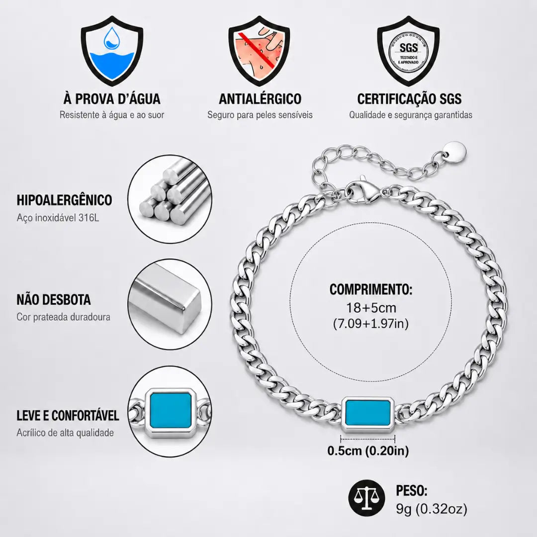 Detalhes da pulseira masculina de aço inoxidável com pedra turquesa