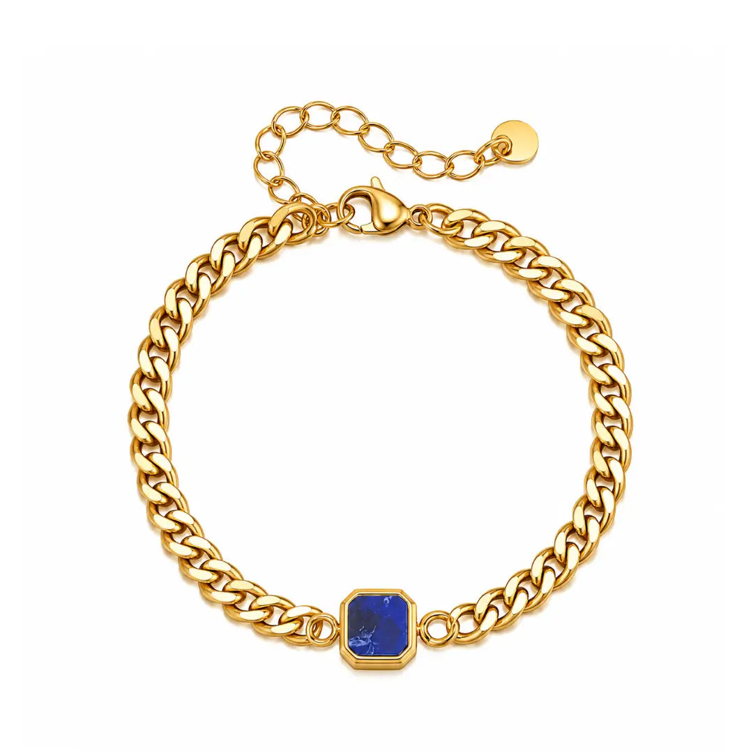 Pulseira masculina dourada corrente cubana com pedra azul