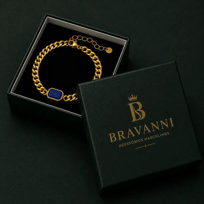 Pulseira masculina dourada com pedra azul Bravanni para presente