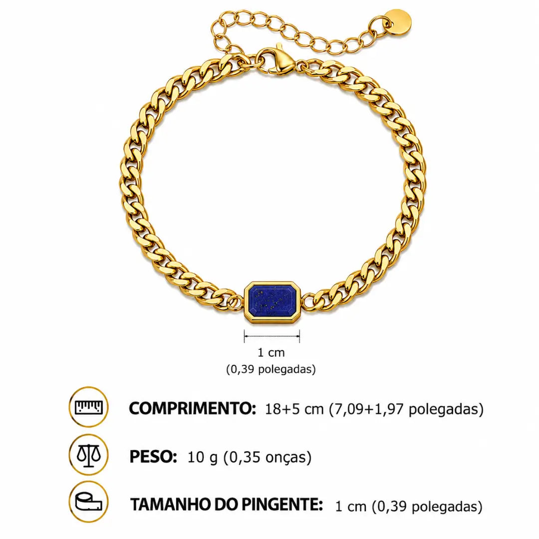 Detalhe em pedra azul da pulseira masculina dourada Bravanni