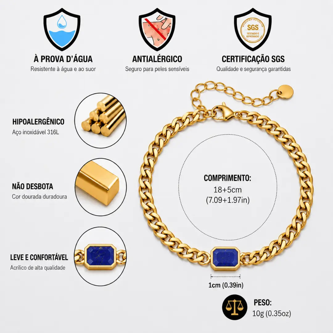 Detalhe em pedra azul da pulseira masculina dourada Bravanni