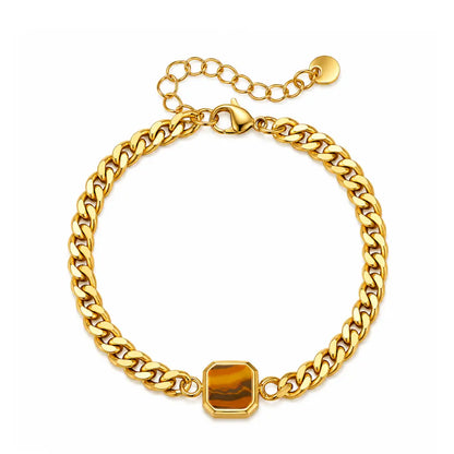 Pulseira masculina corrente cubana dourada com pedra Olho de Tigre