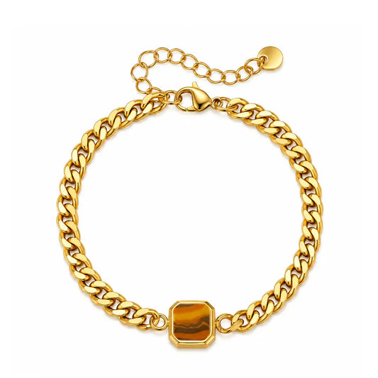 Pulseira masculina corrente cubana dourada com pedra Olho de Tigre