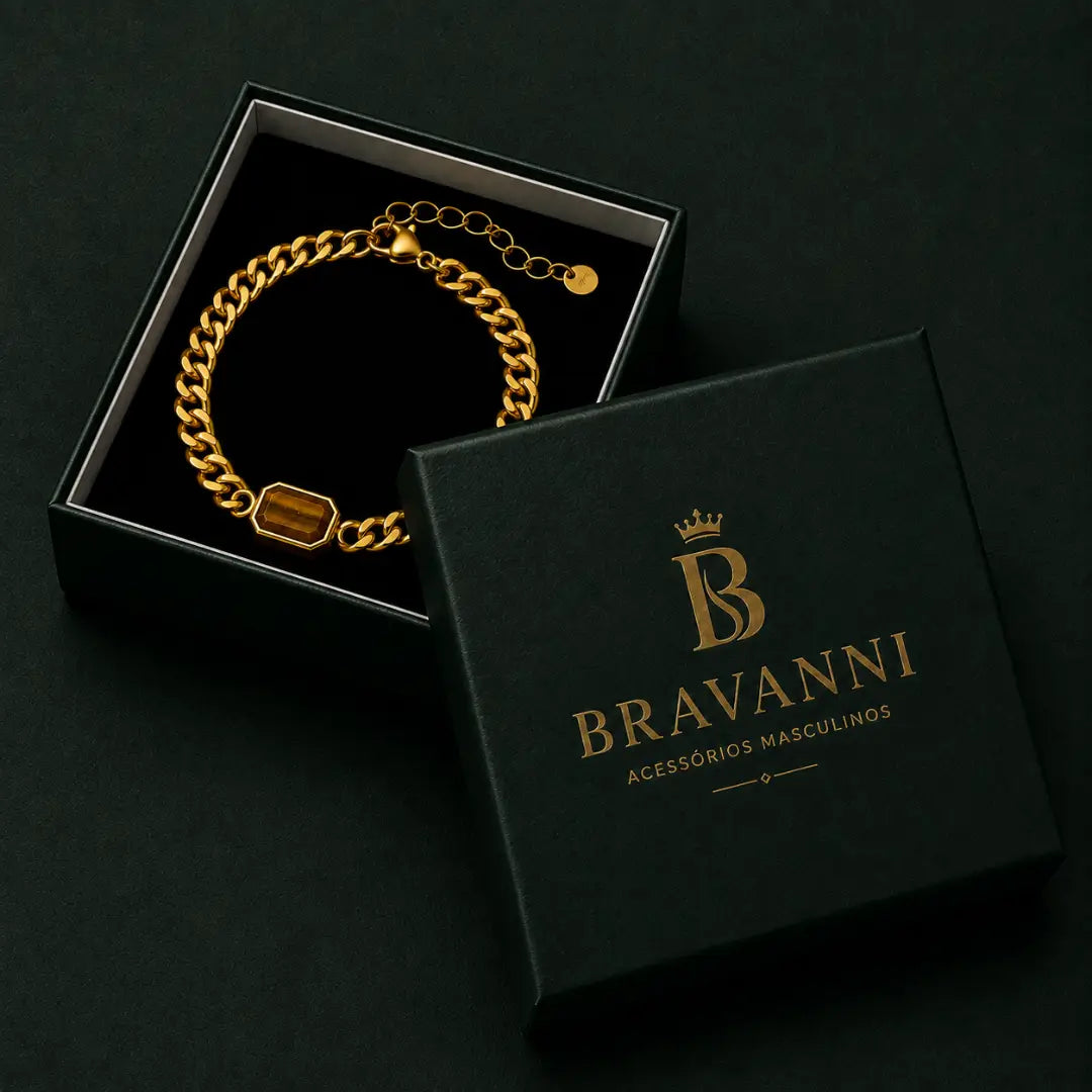 Pulseira masculina dourada Olho de Tigre Bravanni para presente