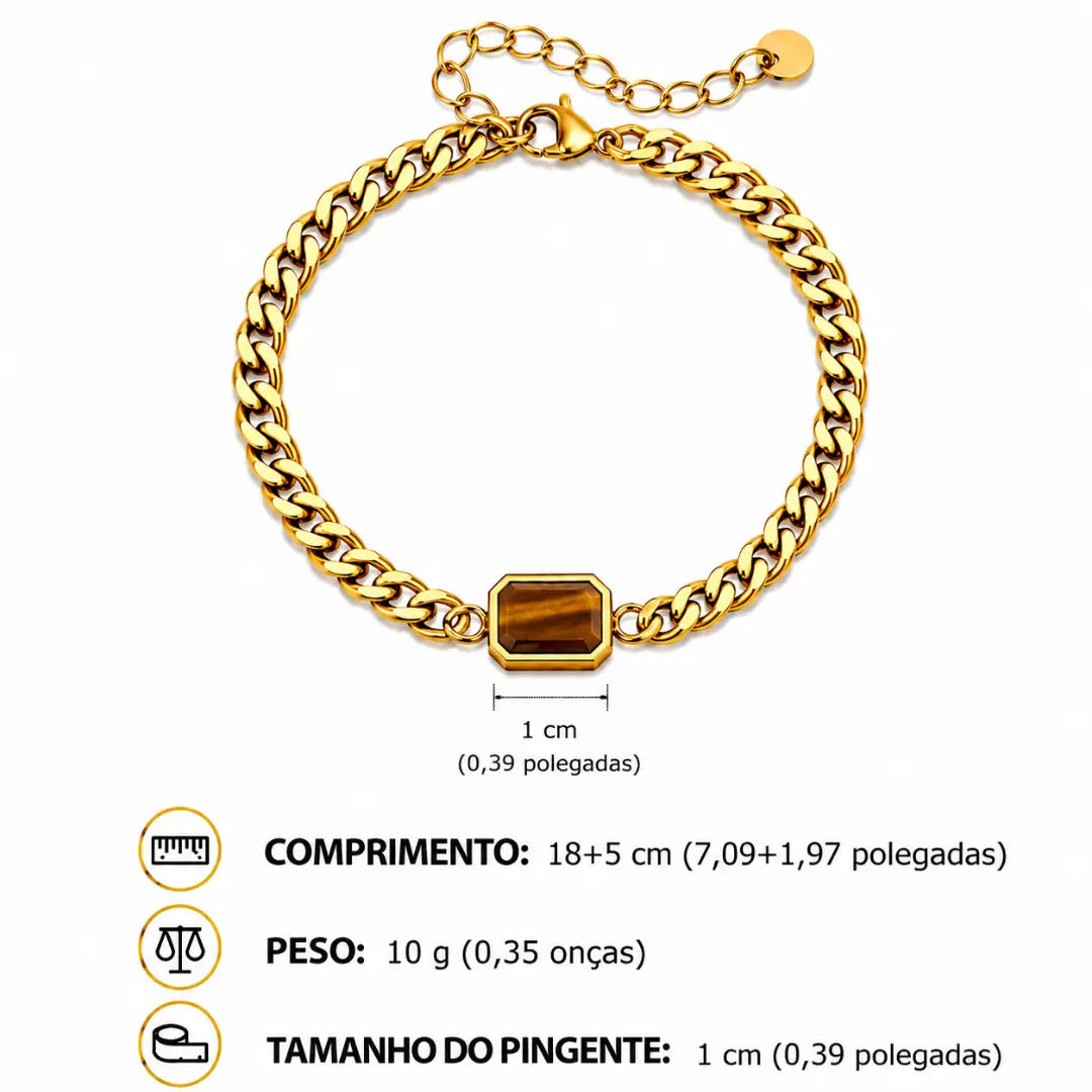 Detalhes das pedras Olho de Tigre na pulseira masculina Bravanni