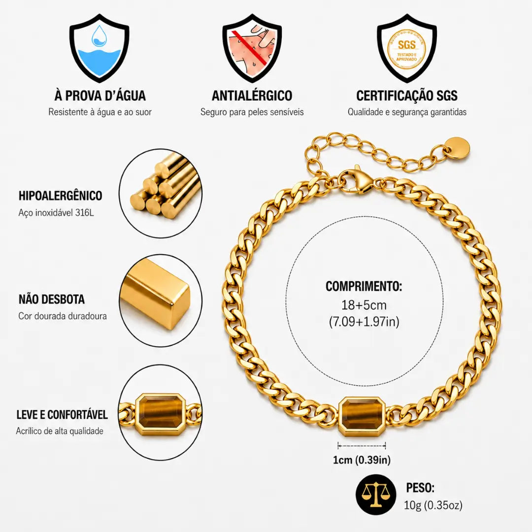 Detalhes das pedras Olho de Tigre na pulseira masculina Bravanni