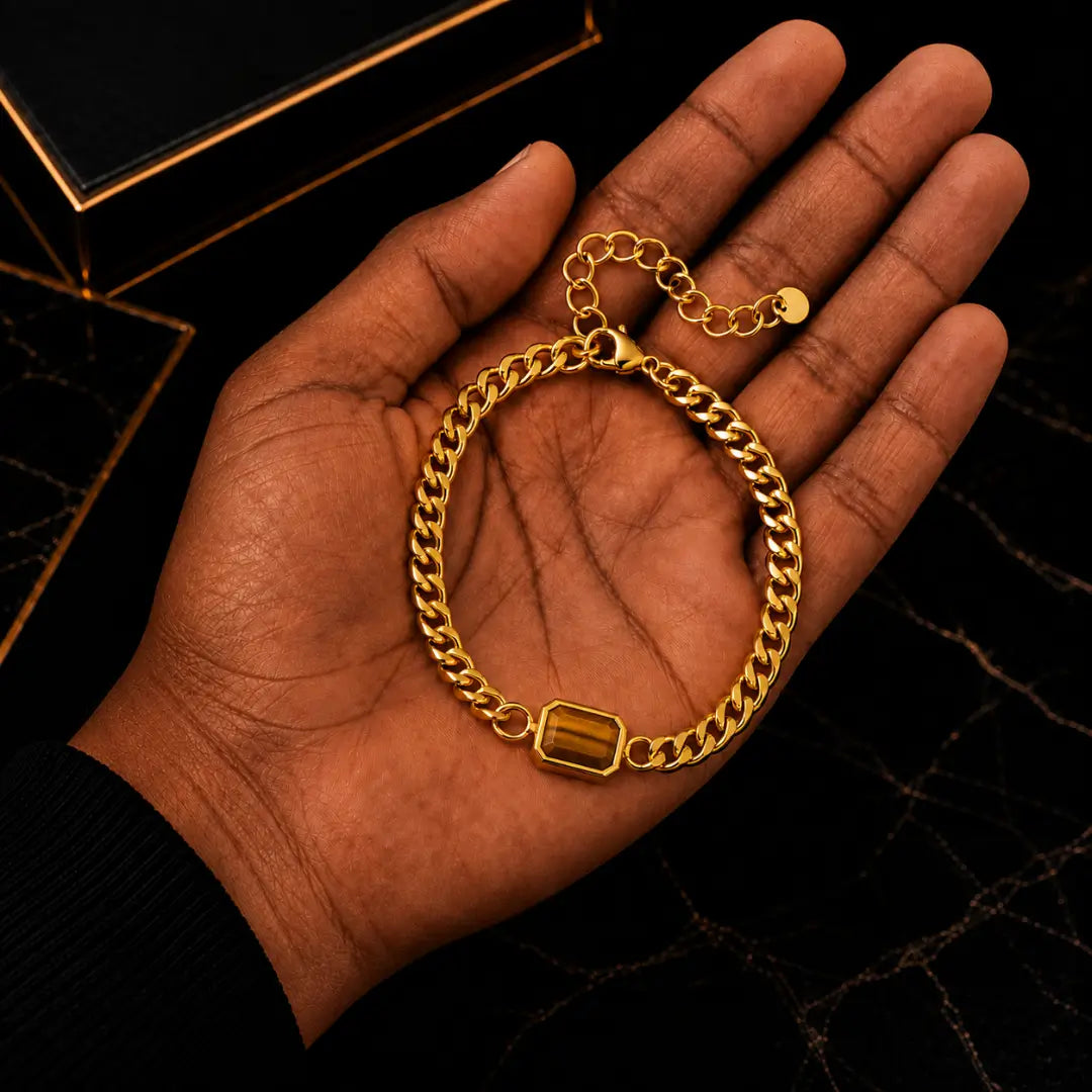 Pulseira corrente cubana dourada masculina com Olho de Tigre