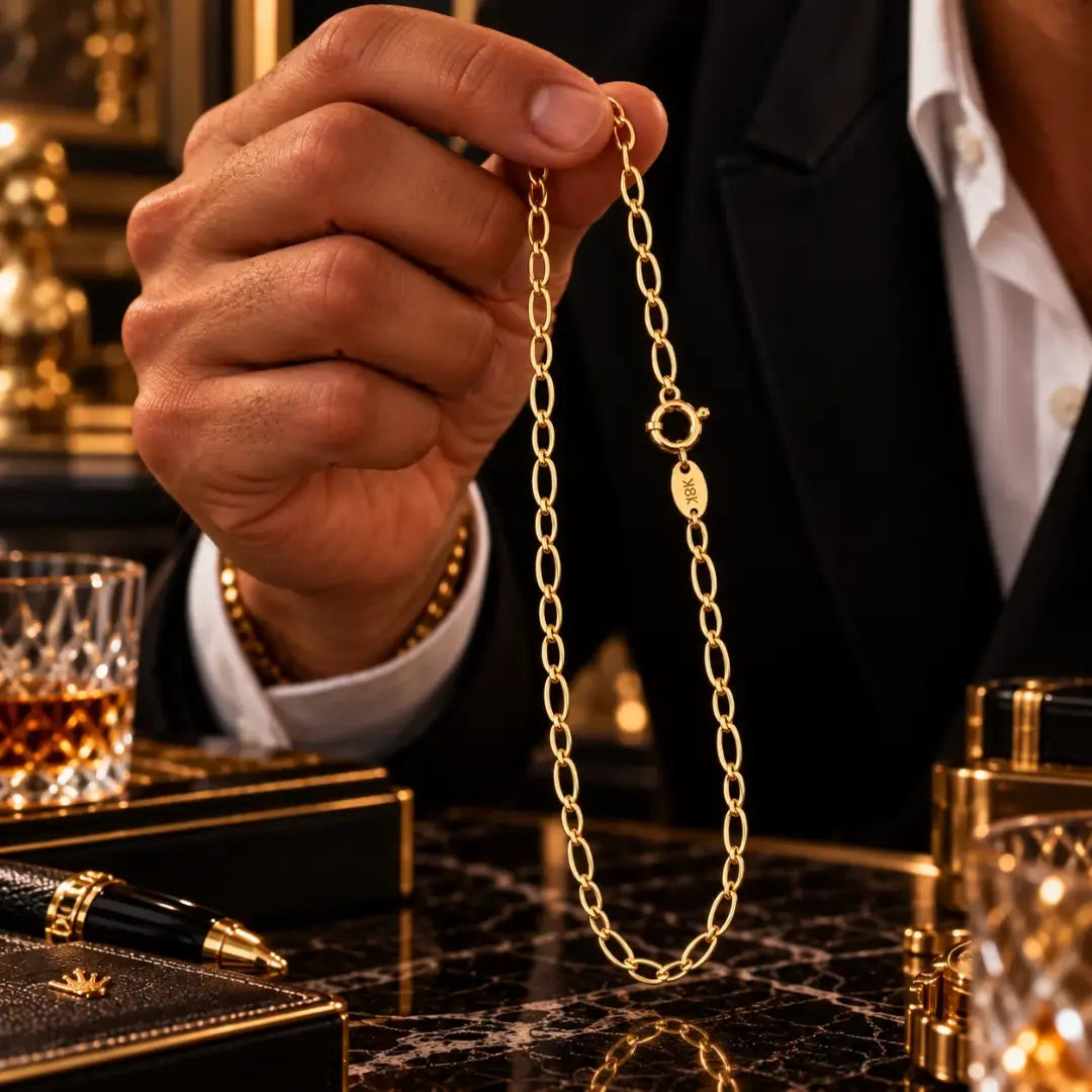 Homem vestindo terno segurando a pulseira grumet longa 2.5mm banhada a ouro 18k na vertical para demonstração de caimento e proporção.