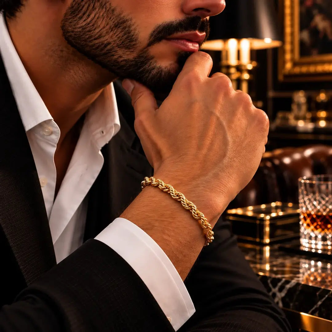 Pulseira Cordão Baiano masculina dourada combinada com relógio